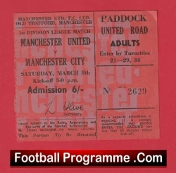 Manchester United v Manchester City 1969 - Old Football Ticket - football memorabilia