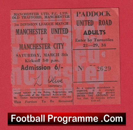 Manchester United v Manchester City 1969 - Old Football Ticket - Image 2