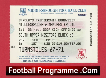 Middlesbrough v Manchester United 2009 - Football Ticket - Image 2