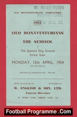 Old Bonaventurians v The Grammar School 1954 - Forest Gate - football programme