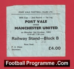 Port Vale v Manchester United 1983 - Match Ticket - football memorabilia