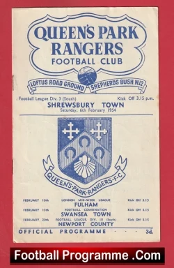 Queens Park Rangers v Shrewsbury Town 1954 - 1950s - football programme