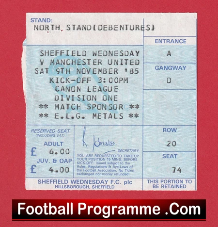 Sheffield Wednesday v Manchester United 1985 - Match Ticket - Image 2