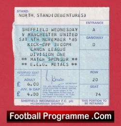 Sheffield Wednesday v Manchester United 1985 - Match Ticket - football memorabilia