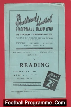 Southend United v Reading 1949 - Old Football Programmes - football programme