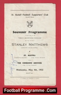 St Austell v Combined Services 1955 - Stanley Matthews + Stars - football programme