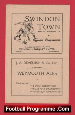 Swindon Town v Torquay United 1948 - 1940's - football programme