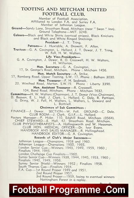 Tooting Mitcham United Football Club Official Handbook 1960 - 1961 - Image 3