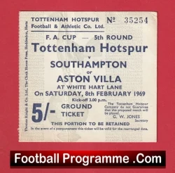 Tottenham Hotspur v Aston Villa 1969 - Old Football Tickets - football memorabilia