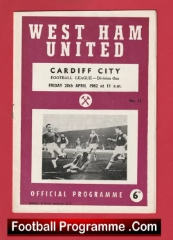 West Ham United v Cardiff City 1962 - Bobby Moore 1st game as Captain - football programme
