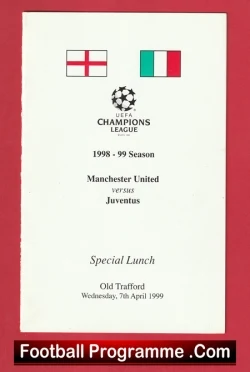  Manchester United v Inter Milan 1999 - Official Man Utd Menu Football Programme .COM Football Programmes Memorabilia