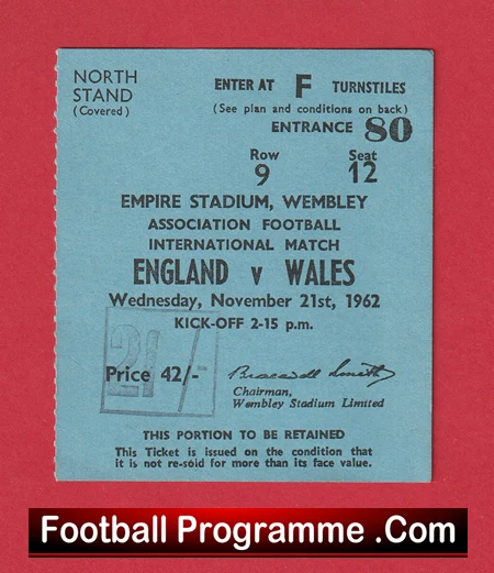 England v Wales 1962 - Football Match Ticket - Image 2