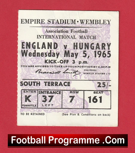 England v Hungary 1965 - Football Match Ticket - Image 2