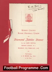 Surrey County Rugby Union Diamond Jubilee Dinner Menu 1939