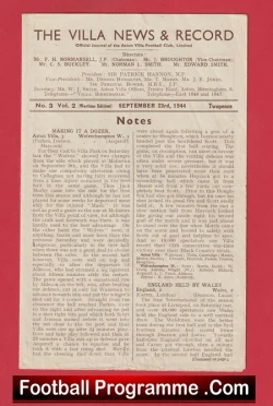 Aston Villa v Walsall 1944 - War Time Football Programmes - football programme