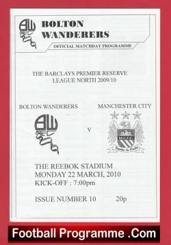 Bolton Wanderers v Manchester City 2010 - Reserves Match - football programme