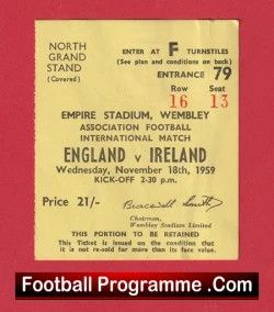 England v Ireland 1959 - Football Match Ticket - football memorabilia