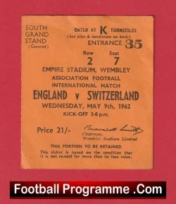 England v Switzerland 1962 - Football Match Ticket - football memorabilia