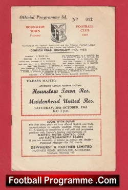Hounslow Town v Maidenhead United 1963 - Reserves Match - football programme