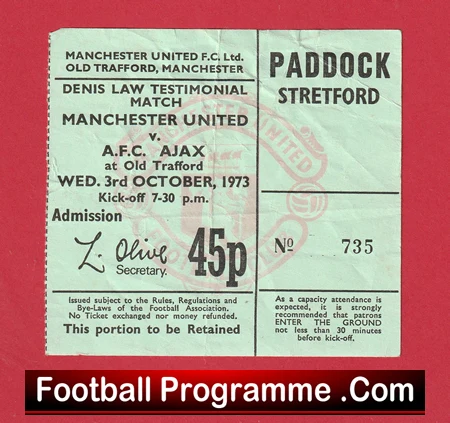 Manchester United v Ajax Amsterdam 1973 - Denis Law Testimonial Ticket - Image 2