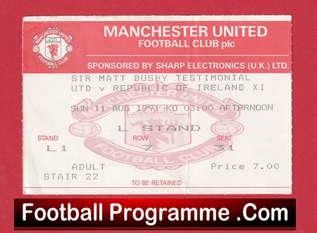 Manchester United v Ireland 1991 - Matt Busby Testimonial Ticket - Image 2