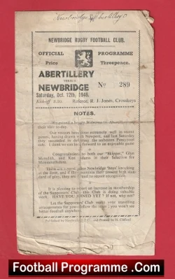 Newbridge Rugby v Abertillery 1946 - 1940s Rugby Programme - rugby programme