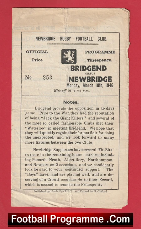 Newbridge Rugby v Bridgend 1946 - 1940s Rugby Programme - Image 2
