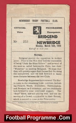 Newbridge Rugby v Bridgend 1946 - 1940s Rugby Programme - rugby programme