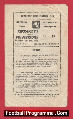 Newbridge Rugby v Cross Keys 1946 - 1940s Rugby Programme - rugby programme