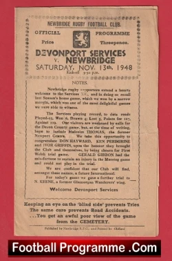 Newbridge Rugby v Davenport Services 1948 - 1940s Rugby Programme - rugby programme