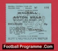 Walsall v Aston Villa 1971 – Football Ticket Fellows Park August
