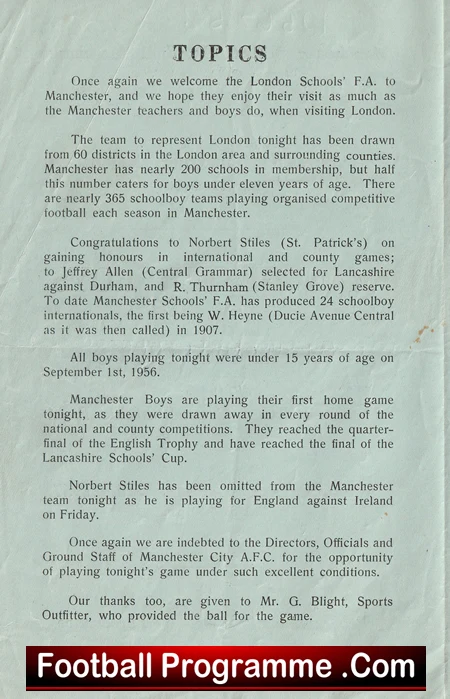Manchester Boys v London Boys 1957 - Schoolboys Manchester City - Image 3