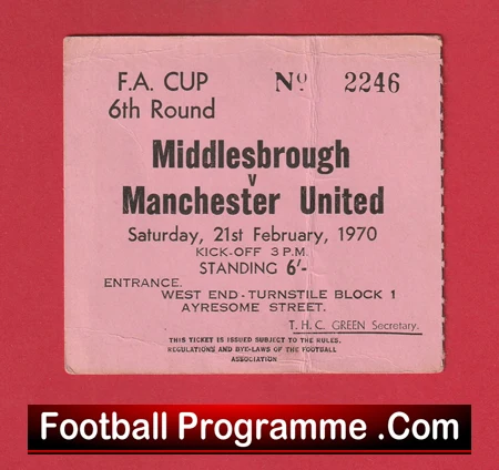 Middlesbrough v Manchester United 1970 - FA Cup Match Ticket - Image 2
