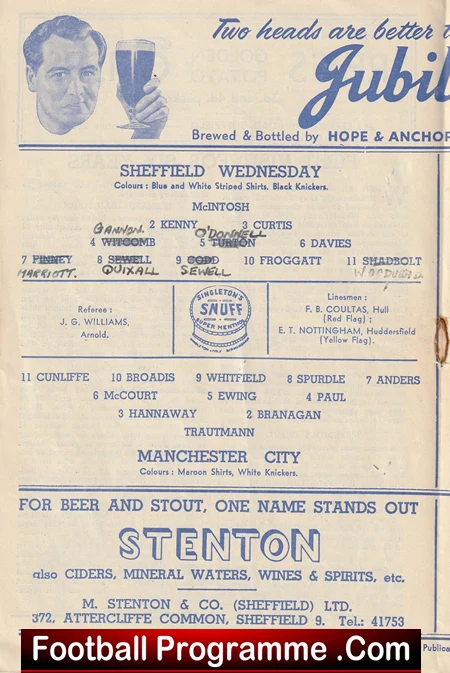 Sheffield Wednesday v Manchester City 1953 - 1950s Man City - Image 3