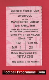 Liverpool v Manchester United 1981 – Football Match Ticket