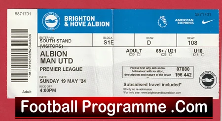 Brighton Hove Albion v Manchester United 2024 - Match Ticket - Image 2