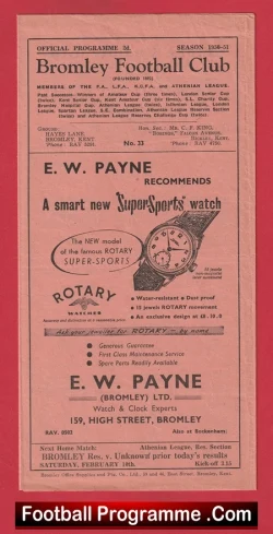 Bromley v Redhill 1951 - Reserves - football programme