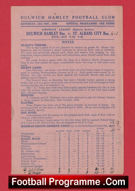 Dulwich Hamlet v St Albans City 1946 - Reserves Match - Image 3