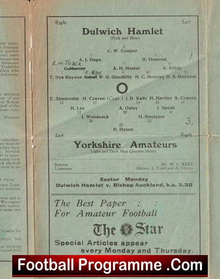 Dulwich Hamlet v Yorkshire Amateurs 1932 - 1930's Old Football Programmes - Image 3