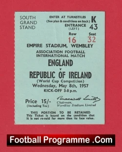 England v Ireland 1957 - Football Match Ticket World Cup Edwards - football memorabilia