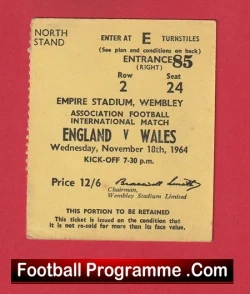 England v Wales 1964 - Football Match Ticket - football memorabilia