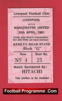 Liverpool v Manchester United 1981 – Football Match Ticket