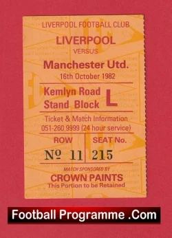 Liverpool v Manchester United 1982 - Match Ticket - football memorabilia