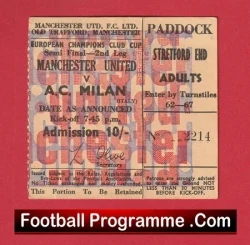 Manchester United v AC Milan 1969 European Cup Semi Final Ticket - football memorabilia