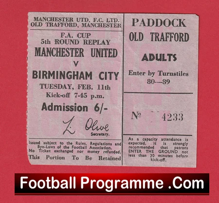 Manchester United v Birmingham City 1969 - Ticket FA Cup Replay - Image 2