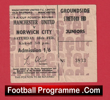 Manchester United v Norwich City 1967 - FA Cup Ticket - Image 2