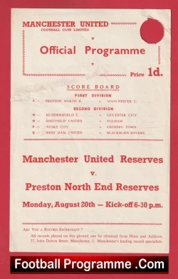 Manchester United v Preston 1956 - Reserves Busby Babes Bobby Charlton - football programme