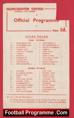 Manchester United v Stoke City 1956 - Reserves Busby Babes Bobby Charlton - football programme