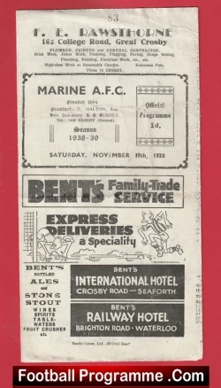 Marine Athletic v Clitheroe 1938 - 1930s Old Football Programme - football programme