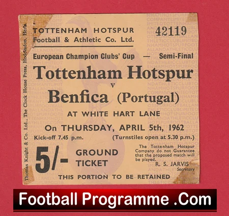 Tottenham Hotspur v Benfica 1962 - 1960s Semi Final Football Ticket - Image 2